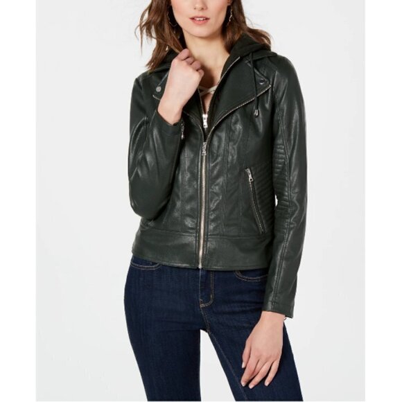 💕GUESS💕 Faux Leather Hooded Moto Jacket Zip Front Scuba ~ Hunter Green XL NWT - Picture 7 of 16